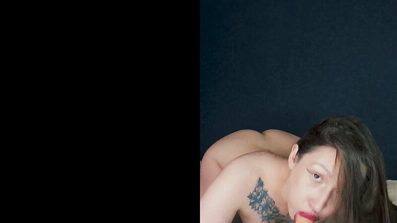 Elle Lin Brunette Tattooed Lingerie Sucks a Dildo and Rides It Hard