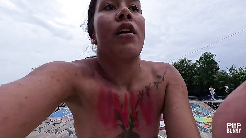 Vero Roller Naked Tattooed Skating in Public Skatepark Squirting