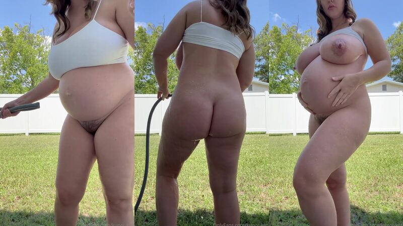 Kurvy Kat Pregnant Topless Water Hose Fingering Outdoors with Big Tits