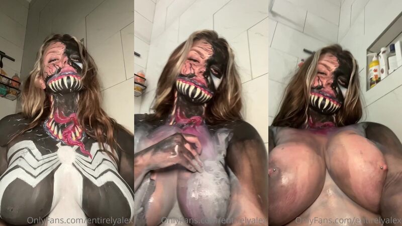 PoppyAlexander Venom Cosplay Wet Body Paint Wash with Taped and Pierced Nipples, Big Tits