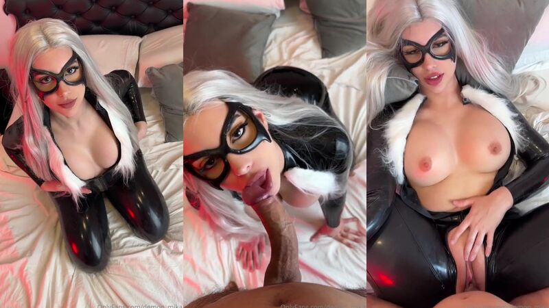 Demon Mika Black Cat Latex Catsuit Railed with Condom – Big Tits POV Milkers