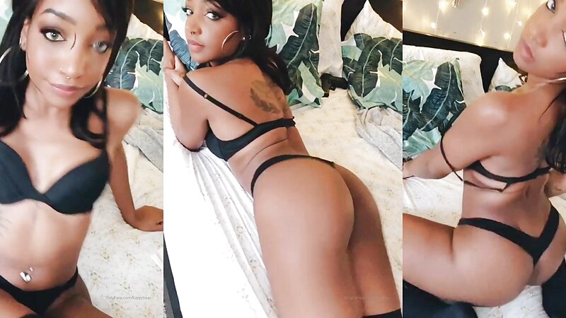 Kayyy Bear Ebony Teasing in Black Lingerie
