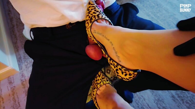 LadyinFirst Leopard Print High Heels Footjob on Tied Big Cock while restrained