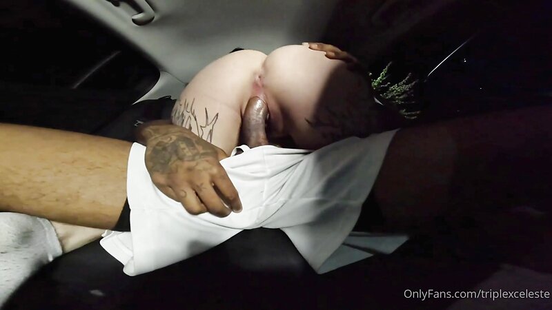 TriplexCeleste Goth Tattooed Big Tits Fucking Her Black BF, BBC Blowjob and Dick Riding in Car Backseat