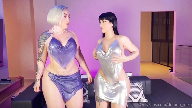 Demon Mika and Veronicaobando99 Shaved Big Tits Lesbian Dildo Fuck with Twerking and Kissing