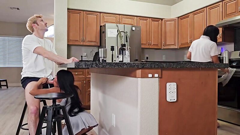 Ember Snow Sneaky Sex with Brother‑In‑Law on Knees in Kitchen, Clothed Skirt Handjob