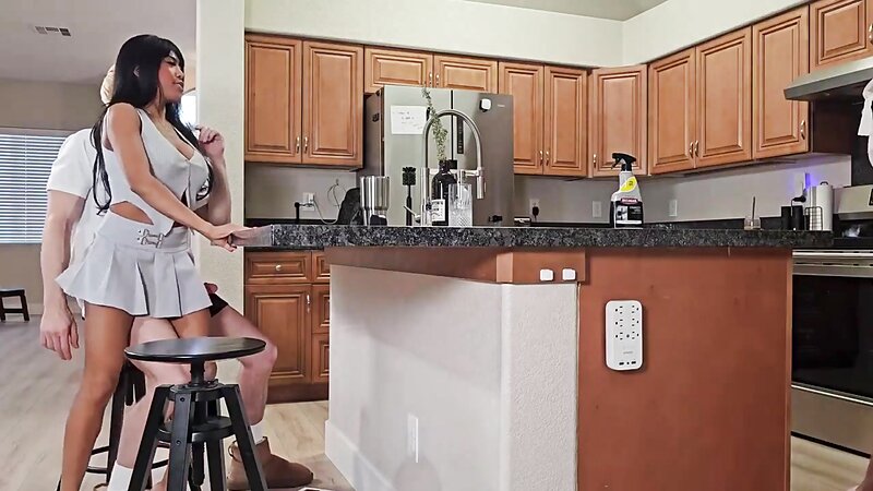 Ember Snow Sneaky Sex with Brother‑In‑Law on Knees in Kitchen, Clothed Skirt Handjob