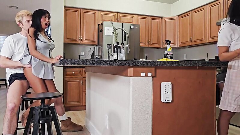 Ember Snow Sneaky Sex with Brother‑In‑Law on Knees in Kitchen, Clothed Skirt Handjob