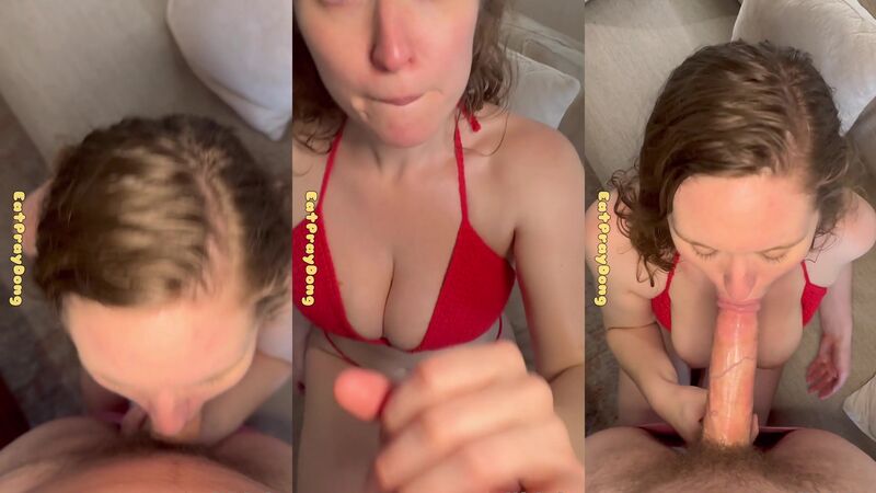 Eat Pray Dong Gives Blowjob in Red Bikini on Sofa