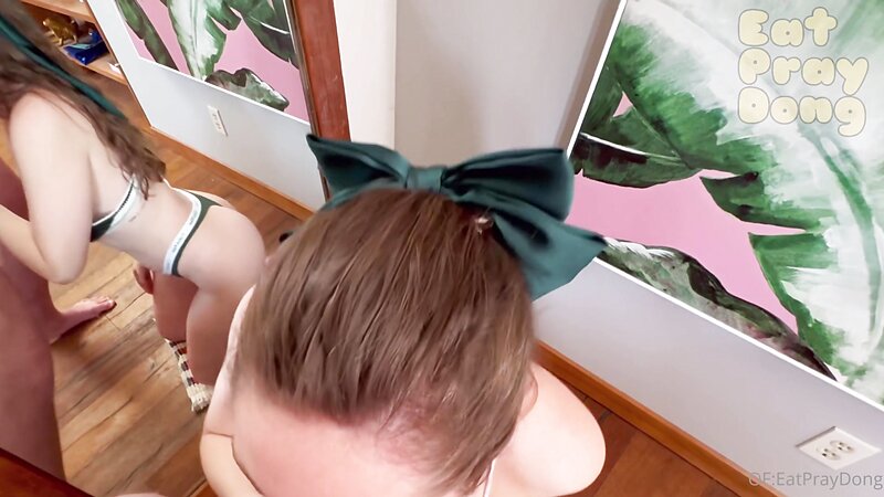 Eat Pray Dong Blowjob Fetish with Big Tits, Swallows Cum in Mirror Play