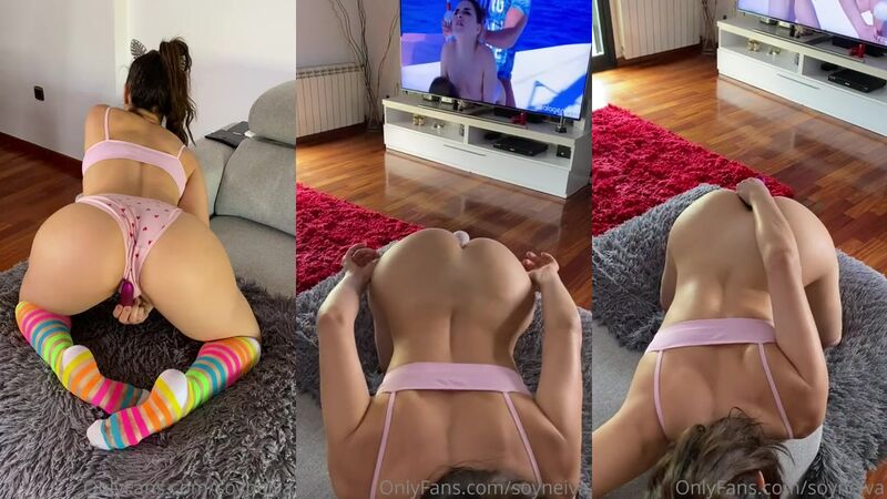 Soy Neiva Amateur Masturbation with Dildo in Colorful Stockings in Living Room