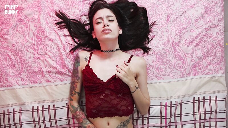 Minami Tattoos and Choker Teasing with Small Tits Out while Masturbating